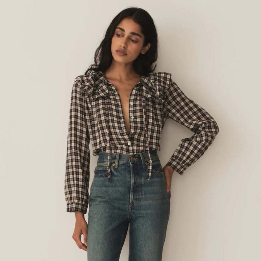 Doen Joelle Cotton Ruffle Collar Tie Long Sleeve Top Navy Countryside Plaid